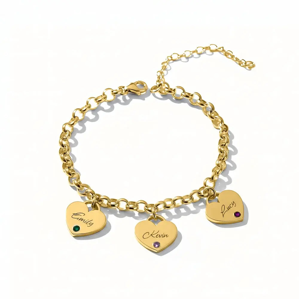 Personalized Mother’s Heart & Birthstone Bracelet – Custom Engraved Name Charms