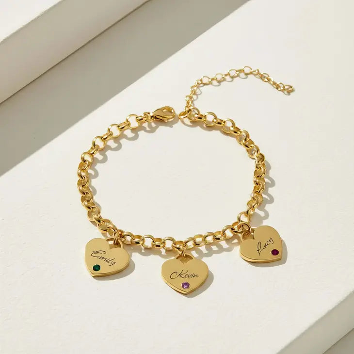 Personalized Mother’s Heart & Birthstone Bracelet – Custom Engraved Name Charms