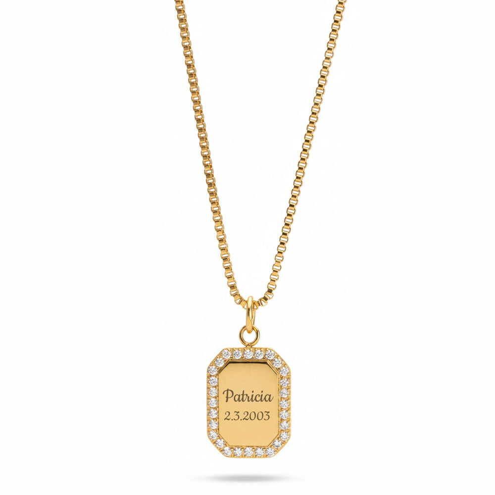 Custom CZ Halo Frame Circle Necklace – Engraved Name & Date Pendant