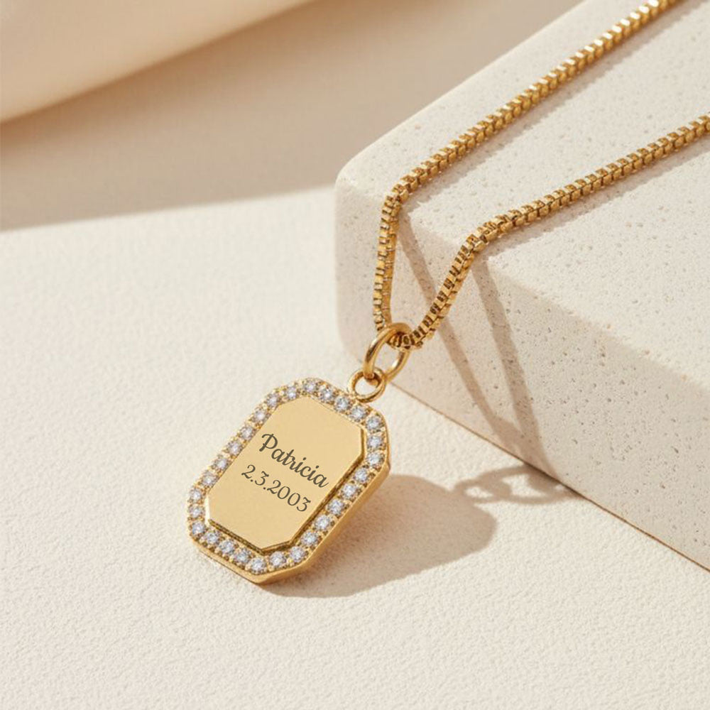 Custom CZ Halo Frame Circle Necklace – Engraved Name & Date Pendant